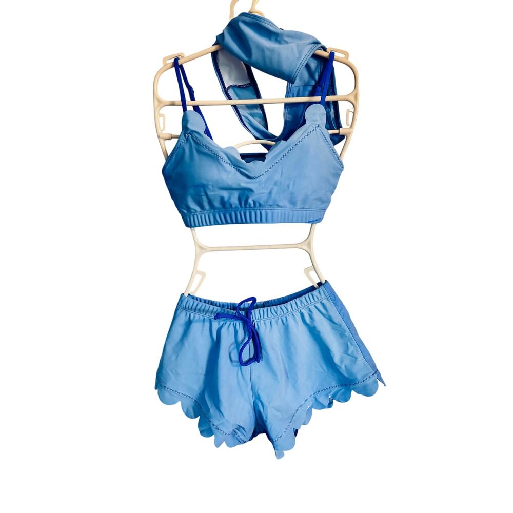 Shein Scalloped Royal Blue 3 piece bikini swimsuit shorts & top sz XS